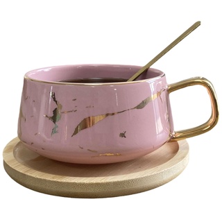 Eplze YBK Tech Porzellan-Teetassen-Set, Kaffeetassen-Set für den Nachmittagstee, Marmor-Muster (Rosa, kurz, 300 ml + Holzuntertasse)