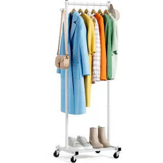 MISSLO Kleine Kleiderständer auf Rollen, Schmal Kleiderstange mit Ablagen, 152 cm Metall Garderobenstange, Tragbarer, Freistehender Roll Kleiderwagen für Kleine Räume, Weiß