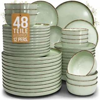 Steingut Geschirrset 12 Personen Rustic 48 tlg. TESTSIEGER, Hochwertiges Landhaussttil Steingut Geschirr Set, Schüssel- und Teller Set, Tafelservice 12 Personen, Geschirrsets Pure Living in Mintgrün