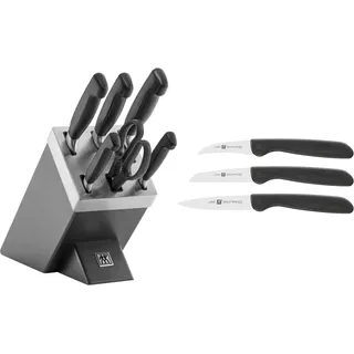 ZWILLING Selbstschärfender Messerblock, 7 teilig, grau, Vier Sterne & 38115001 Gemüsemesser-Set, 3 tlg., Kunststoff, schwarz