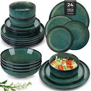 Geschirrset 6 Personen modern, vancasso STARRY 24 teiliges Steingut Geschirr Set, Kombiservice Set Grün, Tafelservice 6 Personen, Inklusive Speiseteller, Dessertteller, Suppenteller und Müslischalen