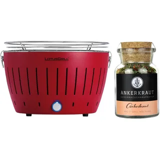 LotusGrill Classic G340 feuerrot Tischgrill raucharm + Ankerkraut-Gewürz BBQ Set