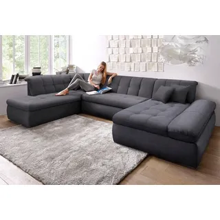 DOMO collection Wohnlandschaft NMORIC im XXL-Format, 353x216x80 cm, inkl. Zierkissen U-Form, wahlweise mit Bettfunktion und Armlehnenverstellung grau