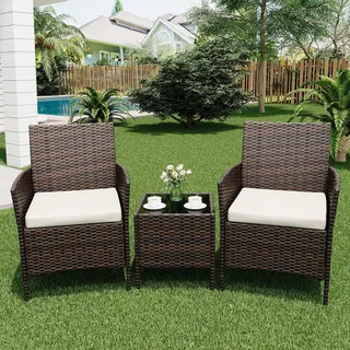 Litake Rattan Gartenmöbel Set, Balkonmöbel Set 3 Teiliges mit Wetterfeste Gartentisch und 2 Stühlen, Balkon Sessel Set Lounge Gartenmöbel Garten Sitzgruppe Gartengarnitur Patio Furniture (Brown)