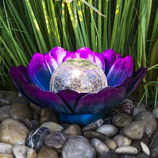 Solar Lotusblüte aus Metall 25cm x 25cm x 10cm Glaskugel warmweißes Licht neu