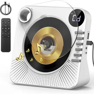 Greadio CD Player Tragbar mit Bluetooth 5.1, Kinder CD Spieler mit Lautsprecher, Fernbedienung, HiFi-Sound, Staubschutz, AUX/USB-Wiedergabe, Tragbarer cd Player für Zuhause (Weiß)