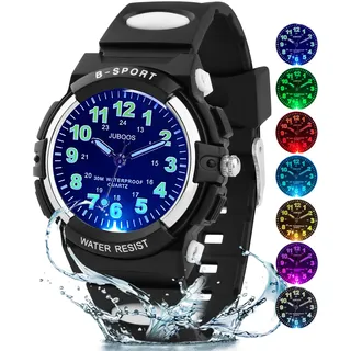 JuBoos 7-Farbige Kinderuhr Analog 5-16 Kautschuk Wasserdicht Schwarz