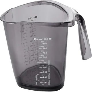 Dr. Oetker Messbecher 1000 ml – robuster Kunststoff, dreieckige Form mit vielseitiger Skalierung inkl. internationaler Maße, Schwarz/Grau