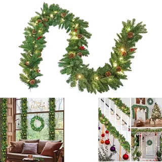 LZQ 5m Girlande Weihnachten Weihnachtsgirlande mit Beleuchtung, Weihnachtsdeko Girlanden mit Roten Beeren und Tannenzapfen, Tannengirlande für Innen und Außendekoration von Türen, Wänden und Treppen