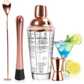 SAVORLIVING 14oz Cocktail-Shaker-Set aus Glas, 4-teiliges Barkeeper-Set, Martini-Mixer-Shaker mit integriertem Sieb, Rührlöffel, Messbecher und Stößel, Bar-Werkzeugset für Anfänger (Roségold)