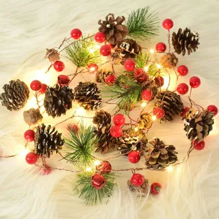 Xndryan Weihnachtsgirlande mit Lichtern, 2 m 20 LED Tannenzapfen-Lichterkette Beerengirlande mit Lichtern für Innenweihnachtsdekorationen, Türkamin Weihnachts künstliche Girlande mit Lichtern