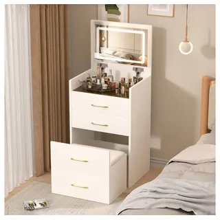 BBWL Schminktisch Kompakter 3-in-1 Schminktisch mit Glasplatte, Aufklappbarem Spiegel (3 Schubladen & Bequemem Hocker für Schlafzimmer, Weiß), B60/H118/T40 cm weiß