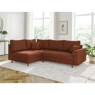 s-style möbel - Ecksofa mit Braun Holzfüßen im skandinavischen Stil aus Terrakotta Cord-Stoff, Ottomane Links - Orange