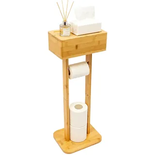 Toilettenpapierhalter Stehend aus Bambus mit Aufbewahrung, Bambus Klopapierhalter Stehend, Toilettenpapierhalter mit Feuchttücherbox (Drehbarer Boxdeckel), Vorübergehende Desktop für Badezimmer