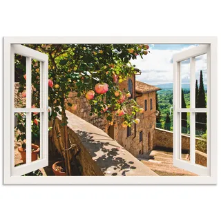 ARTland Wanddeko Wandbild Alu Verbundplatte für Innen & Outdoor Bild Fensterblick Fenster Toskana Landschaft Garten Rosen Balkon Natur T5QC