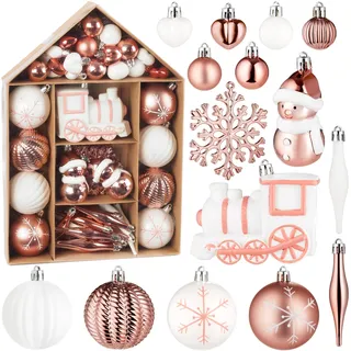BRUBAKER 70 Stück Christbaumschmuck - Weihnachtskugel Set mit Lokomotive, Schneemänner, Kugeln, Herzen und Schneeflocken - Baumkugel Baumschmuck - Anhänger für Weihnachtsbaum - Weiß Rosé Gold