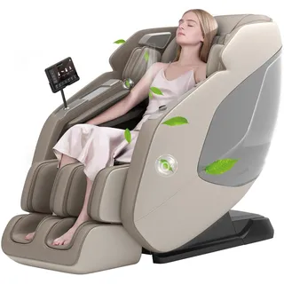 Real Relax 4D-Massagesessel,Ganzkörper-Shiatsu-Massage-Stuhl,Massageliege mit SL-Track,Yoga-Stretching,UI-Touchscreen,Fußrollen,Heizung,PS5200, Khaki