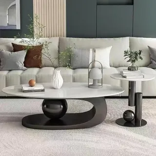 Ovale Couchtische aus Stein für das Wohnzimmer, moderner ovaler Couchtisch aus zeitgenössischem Stein, Mitteltisch mit Beistelltischen, 2er-Set, abstrakte Tische für das Wohnzimmer, Büro, Schwarz, 12