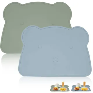 TOATELU 2 Stück Kinder Tischset: Bär Platzset Kinder, Silikon Platzset Kinder, BPA Frei Schmutzabweisende Tischunterlage, Tischsets Abwaschbar Kinder für Kinder und Kleinkinder(Blau + Grün), TW-CD05