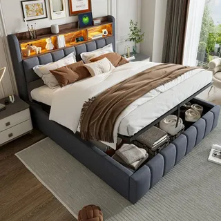 Flieks Polsterbett 180x200cm mit USB &Type-C, Boxspringbett Stauraumbett mit LED & Stauraumkopfteil, Doppelbett Jugendbett, Leinen, Grau - Grau