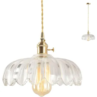 HJXDtech Vintage Glas Pendelleuchte Mit Lotus Blume Lampenschirm, Messing E27-Fassung Mit Schalter, Eleganter Glas Hängelampe für Kücheninsel,Esstisch & Wohnzimmer (Klar)