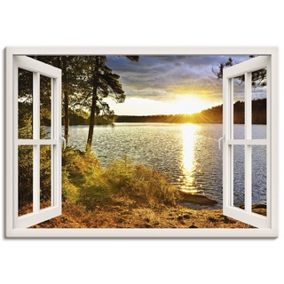 Artland Leinwandbild Wandbild Bild Leinwand 70x50 cm Wanddeko Fensterblick Fenster Landschaft Natur Wald See Sonnenuntergang Wolken K2RH