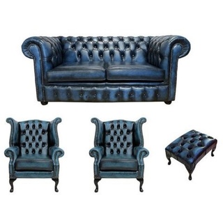 JVmoebel Sofa Design Polster Sitzgarnitur Chesterfield Sofa Couch Ohrensessel Hocker, Made in Europe blau