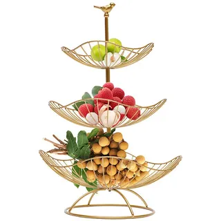 SanBouSi 3 Etage Obstschale Etagere, Metall Lotosblatt Obstteller Obst Etagere 3 Stöckig Stehend für Obst Gemüse Kuchen, Golden