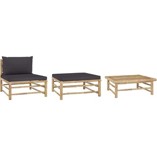 vidaXL Gartenmöbel 3-TLG. mit Dunkelgrauen Kissen Lounge Sofa Tisch Sitzgruppe Fußhocker Mittelsofa Gartensofa Gartenset Sitzgarnitur Bambus