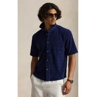 Polo Ralph Lauren für Herren. 710B19621001 Relaxed Marineblaues Zopfmuster-Frottee-Hemd (L), Lässig, Baumwolle, Kurzarm