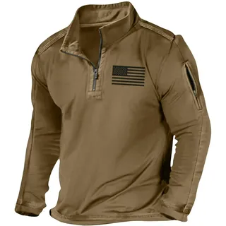 Langarmshirt Herren Sport MäNner Usa Flagge Gedruckt T-Shirt Stehkragen Langen ÄRmeln Shirt Mit ReißVerschluss Herbst Winter Casual Warm Outdoor Sweatshirt Streetwear Normaler Passform Sportshirt