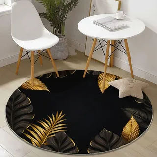 Kurzflor Teppich Rund 180 cm Moderne Luxuriöse Tropische Blätter Muster Terrassen Teppiche Dekorative Wohnzimmer Schlafzimmer Schwarz Gold Teppich, Anti-Rutsch Unterseite für Esszimmer Küche Innen