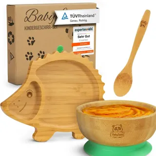 Babylovit Bambus Kinderteller & Schüssel | TÜV Geprüfter Baby Teller mit Saugnapf & Esslernbesteck | BLW Beikost Zubehör | Esslernlöffel Baby Melamin & BPA frei | Kinder Teller mit Saugnapf