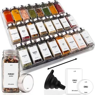 Deco haus® Gewürzregal Schublade [MIT 24 GEWÜRZGLÄSER & ETIKETTEN] - Gewürze Organizer - Gewürzeinsatz Schublade - Gewürzschublade Organizer mit Gläser - Schubladeneinsatz Gewürze