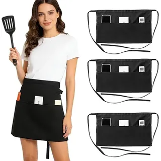 Ccykxa Dreiteilige Kochschürze Mit Drei Taschen, Wasserdicht, Schwarz, Kurz, Für Damen Und Herren, Kellner, Köche, Küche, Bistro, Restaurant, Café