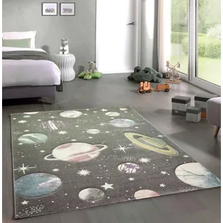 Kinderteppich Weltraum Sterne und Planeten pastell grau
