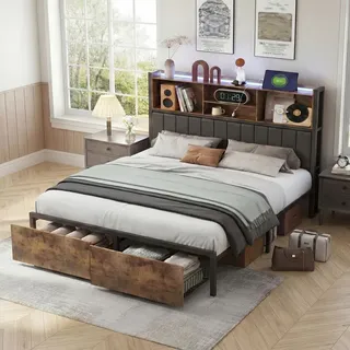 ProximaX Metallbett 160x200 cm mit RGB LED & USB, Industrial Polsterbett mit Stauraum Kopfteil & Schubladen, Doppelbett - Schwarz/Braun