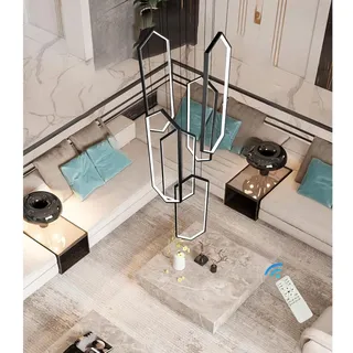 AIAO Pendelleuchte Moderne LED Hängelampe 6-Ring Treppe Pendellampe Dimmbares Beleuchtung Eingangstür Hängeleuchte Höhenverstellbar Für Wohnzimmer Esszimmer Kronleuchte(Schwarz,60x20cm)