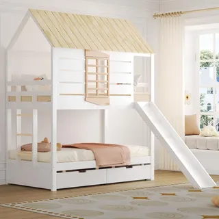 Merax Haus-Etagenbett 90x200 cm mit Rutsche und 2 Schubladen, Kinderbett, Jugendbett aus Holz für 2 Kinder, Stockbett Hochbett, Weiß+Natur - Naturbelassen