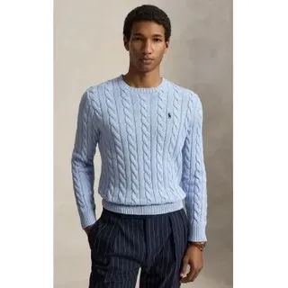 Polo Ralph Lauren für Herren. 710775885545 Hellblauer Baumwollpullover mit Zopfmuster (L), Lässig, Baumwolle, Langarm