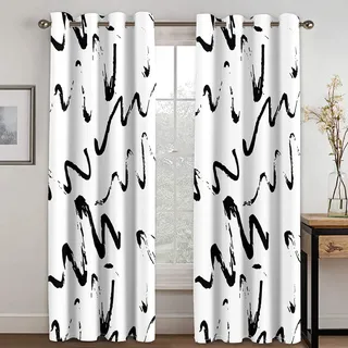 THYUNQ Vorhänge Schwarz und Weiß Abstrakt Muster, Vorhang Blickdicht Verdunklungsvorhänge mit Ösen, Gardinen Wohnzimmer Schlafzimmer Fenster, 2er Set Curtains, H 160 x B 140 cm