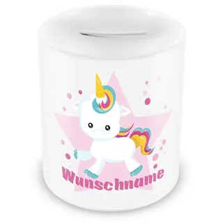 Samunshi® Kinder Spardose mit Namen und Süßes Baby Einhorn als Motiv für Kinder - Jungen und Mädchen Sparschwein 330ml weiß