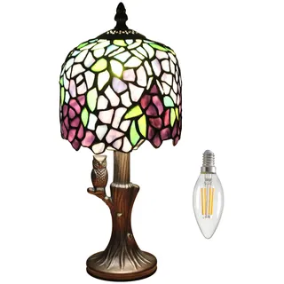 Kinbolas Tischlampe Tiffany Stil Klein,Vintage Lampe Buntglas Lampenschirme Glyzinien und Eule Basis,Nachttischlampe Jugendstil Art Deco Schlafzimmer Landhaus 20cm / 8 Zoll Mit E14 LED Birne(I-2)