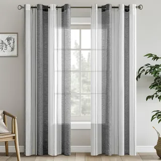 EMEMA Gardinen Gestreift Transparent mit Ösen Voile Vorhänge Wohnzimmer Modern 2er Set Vorhang Schlafzimmer Transparent mit Muster Vorhang Halbtransparent Streifen 140 x 260cm Grau Weiss Gestreift