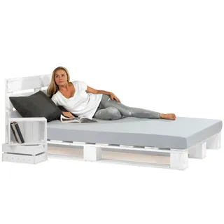 sunnypillow Palettenbett mit Kopfteil Holzbett 80 90 100 120 140 160 180 200 220 240 x 200 cm, 180x200 cm weiß weiß 180 cm