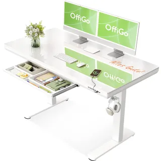 OffiGo Elektrischer Glas Schreibtisch mit Schublade 120×60 cm, Weiß | Elektrischer Glastisch mit Schublade, Schreibtisch Höhenverstellbar mit USB, Steh Sitz Schreibtisch für Homeoffice