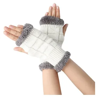 Coonoor Strickhandschuhe Klassisch mit Fleece Futter,Warme Halb Handschuhe weiß