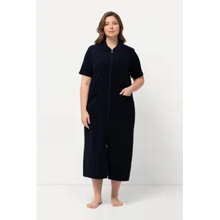 Ulla Popken Bademantel Bademantel Hemdkragen 2-Wege-Zipper Halbarm, ca. Mitte Wade, Materialmix blau 46/48