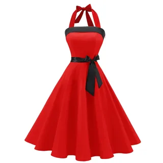 Timormode Damen Vintage Cocktailkleid Knielang Neckholder Swing Retro Rockabilly Kleid M Rot - M