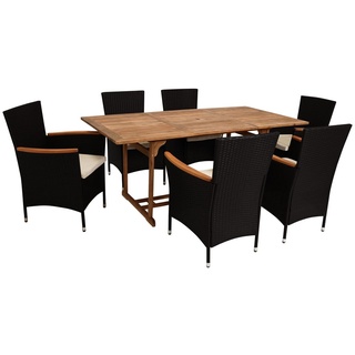 DEGAMO Gartenset Sitzgruppe Gartengarnitur MONTREUX 7-teilig, Geflecht schwarz, 6x Sessel mit Polsterauflagen und 1x Tisch 90x180cm aus Holz Akazie